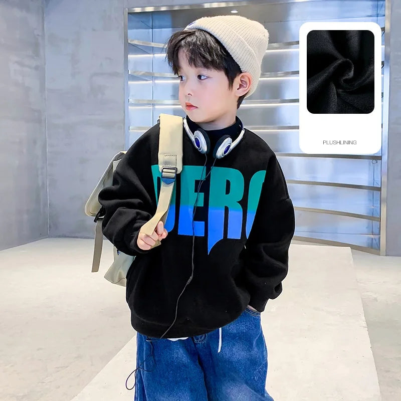 Winter Boys Warm Fleece Lined Half Turtleneck Alphabet Sweatshirt School Kids Track Pullover Coat Tops Child Work Jumper 3-16Yrs