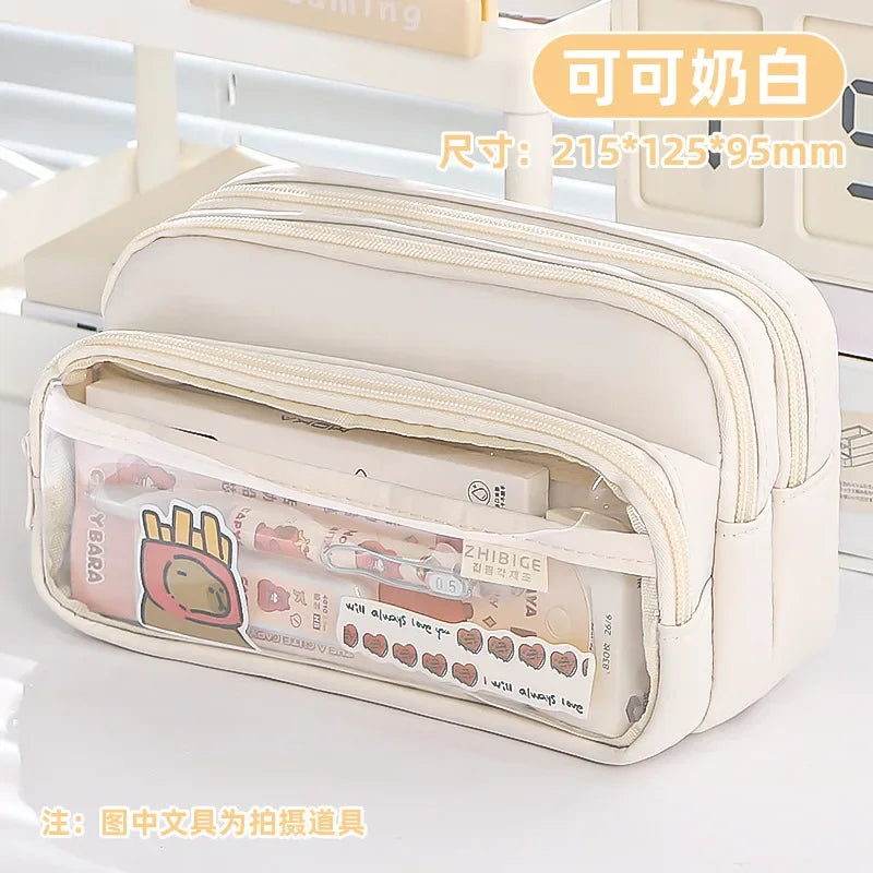 Kawaii Pencil Bag Large Capacity 3 Compartments Pencil Case Pen Pouch Desk Organizer School Supplies Cute Korean Stationery