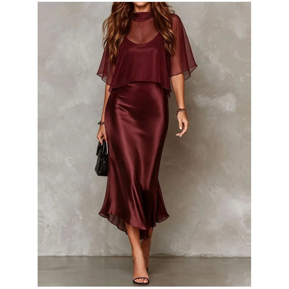 Elegant Women's Chiffon Cape Top Satin Mermaid Dresses Fashion