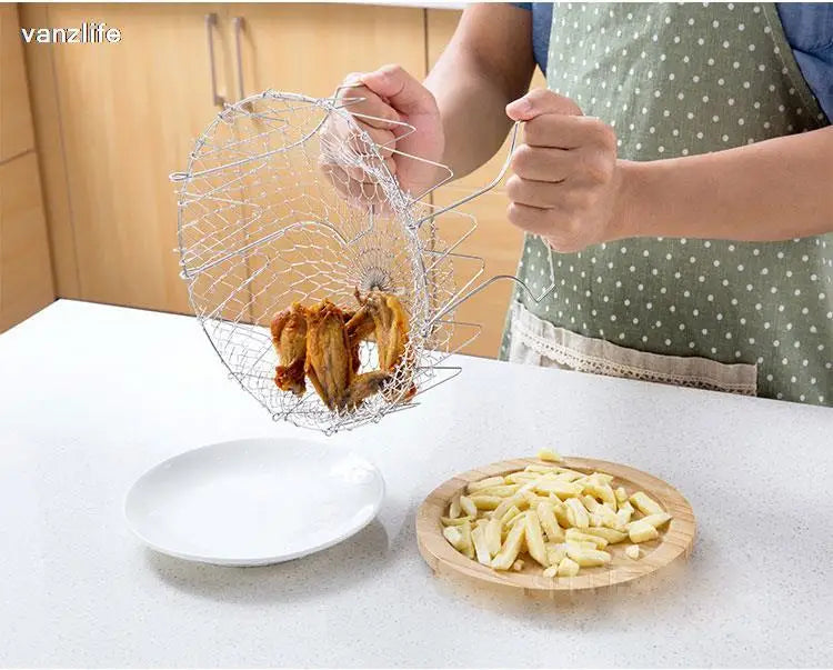 vanzlife stainless steel deep-fried large noodle kitchen French fries tools drain basket Household leak net spoon folding filter