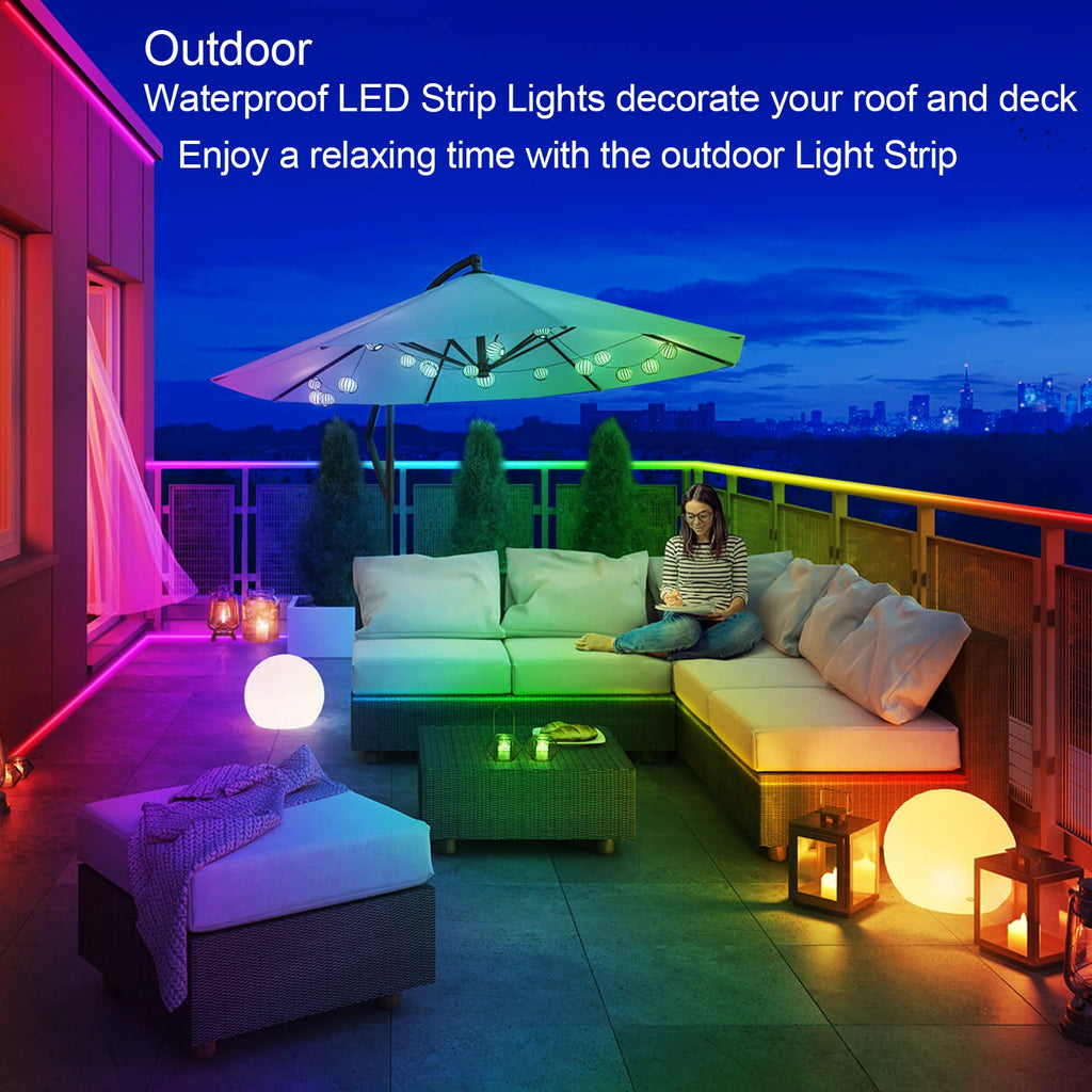 200ft Outdoor LED Strip Lights Waterproof,IP68 Outside Led Light Strips with App and Remote,Music Sync RGB Exterior Rope Self Adhesive Back for Deck,Balcony,Pool