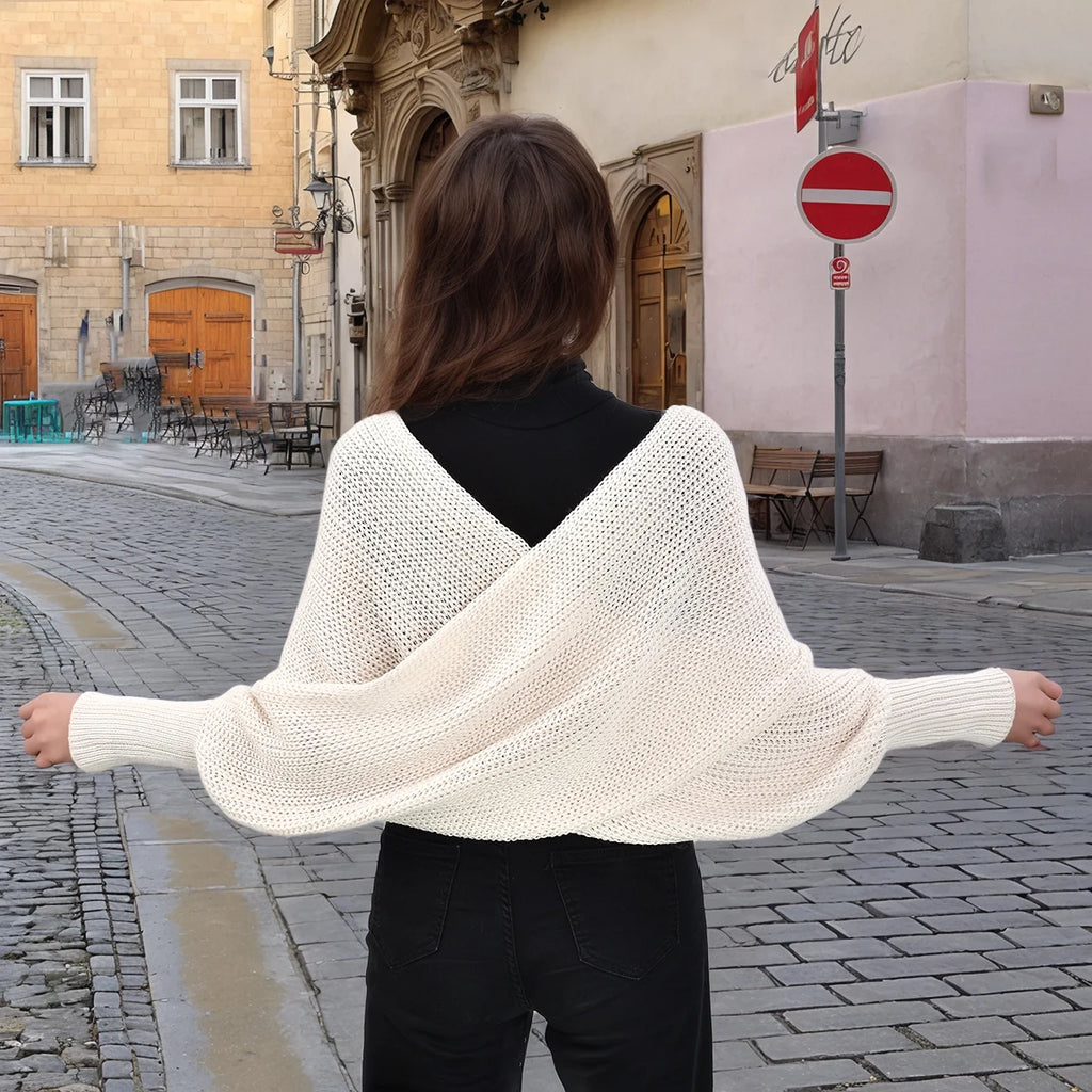 Woman Knitted Shawl Scarf With Long Sleeve Autumn Winter Outdoor Warm Soft Windproof Hollow Out Crop Top Shawl Scarf 210*33cm