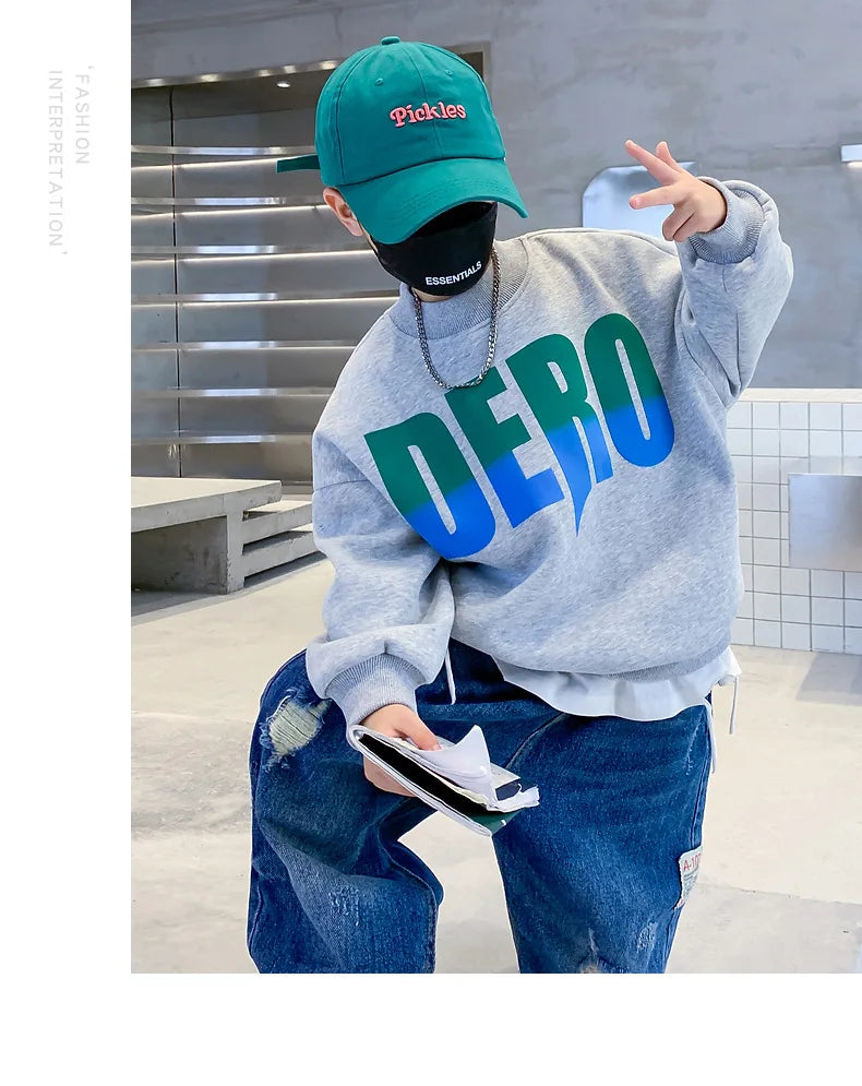 Winter Boys Warm Fleece Lined Half Turtleneck Alphabet Sweatshirt School Kids Track Pullover Coat Tops Child Work Jumper 3-16Yrs