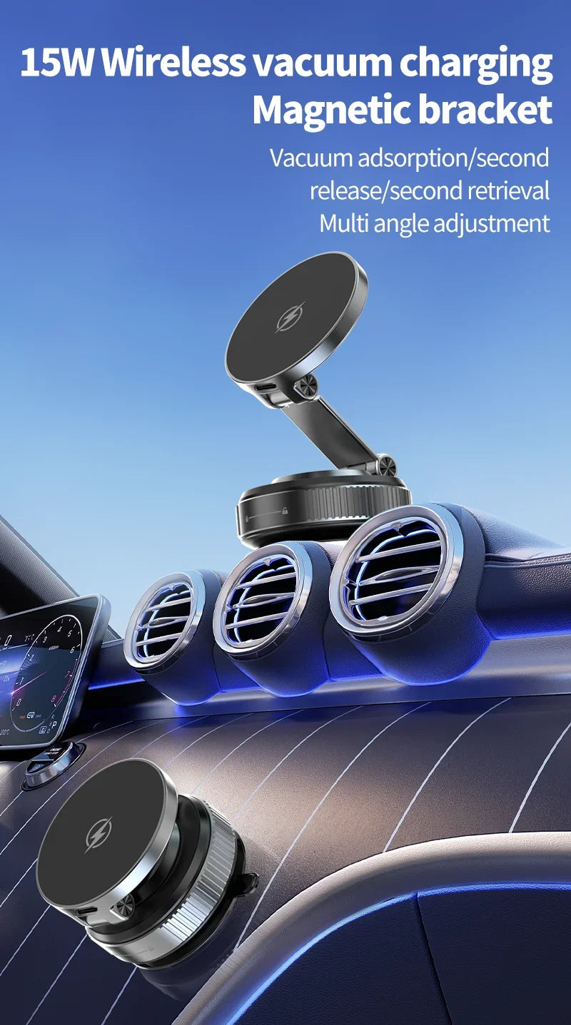 Magnetic Wireless Charger Holder Vacuum Phone Stand for Magsafe iPhone 16-12 Pro Max 360° Adjustable Suction Cup Car Dashboard