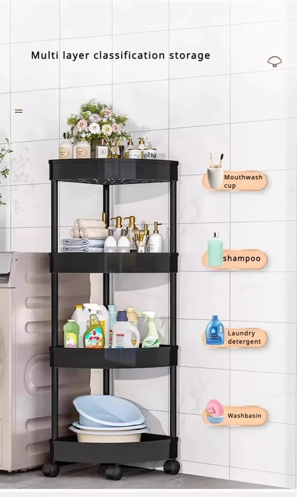 Rolling Cart Storage Rack 2/3/4 Tier Gap Storage Shelf Movable Bathroom Triangle Storage Rack Floor-standing Corner Shelf