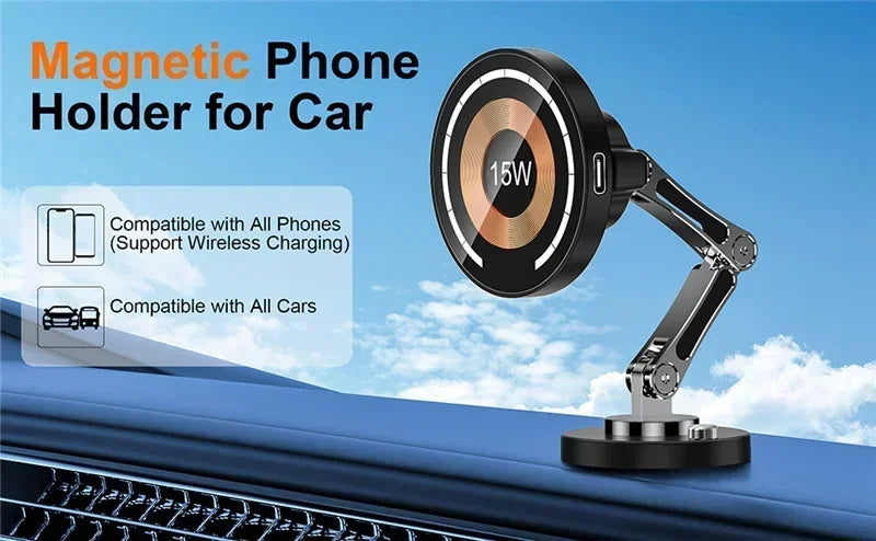 Car Magnetic Wireless Charger Adjustable Mobile Phone Holder for iPhone 15 14 13 12 Pro Max Fast Charging Easy Paste Mount Stand