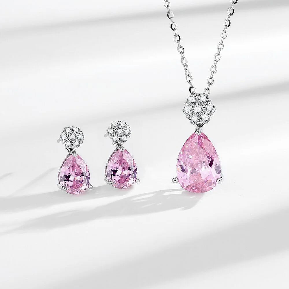 925 Sterling Silver Jewelry Set Shiny Rose Quartz Zircon Women Necklace Earrings Birthday Wedding Party Jewelry Gift