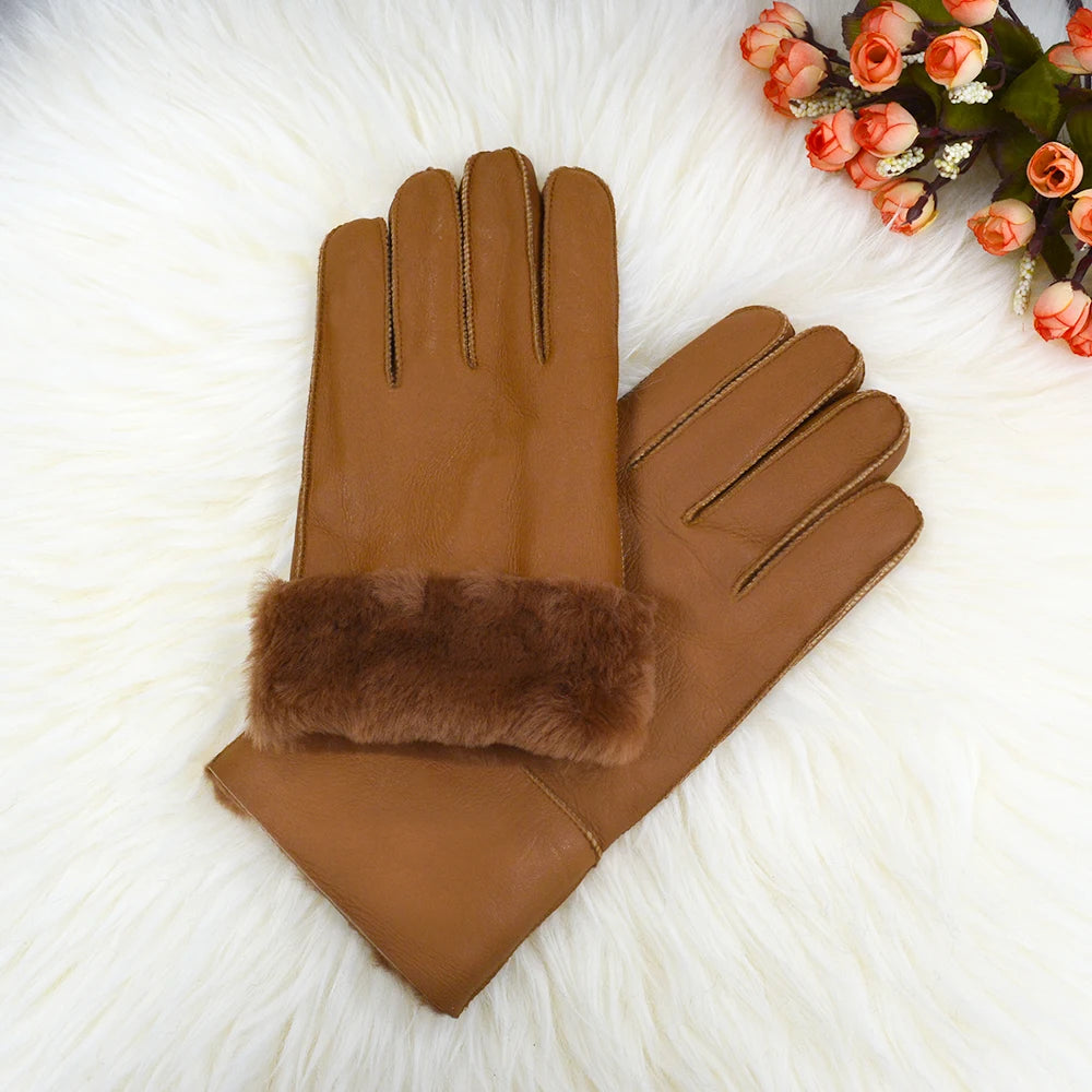 Classic Solid Color Winter Warm Sheepskin Fur Gloves Men Thickened Outdoor Motorcycle Riding Windproof And Leather Fur Gloves