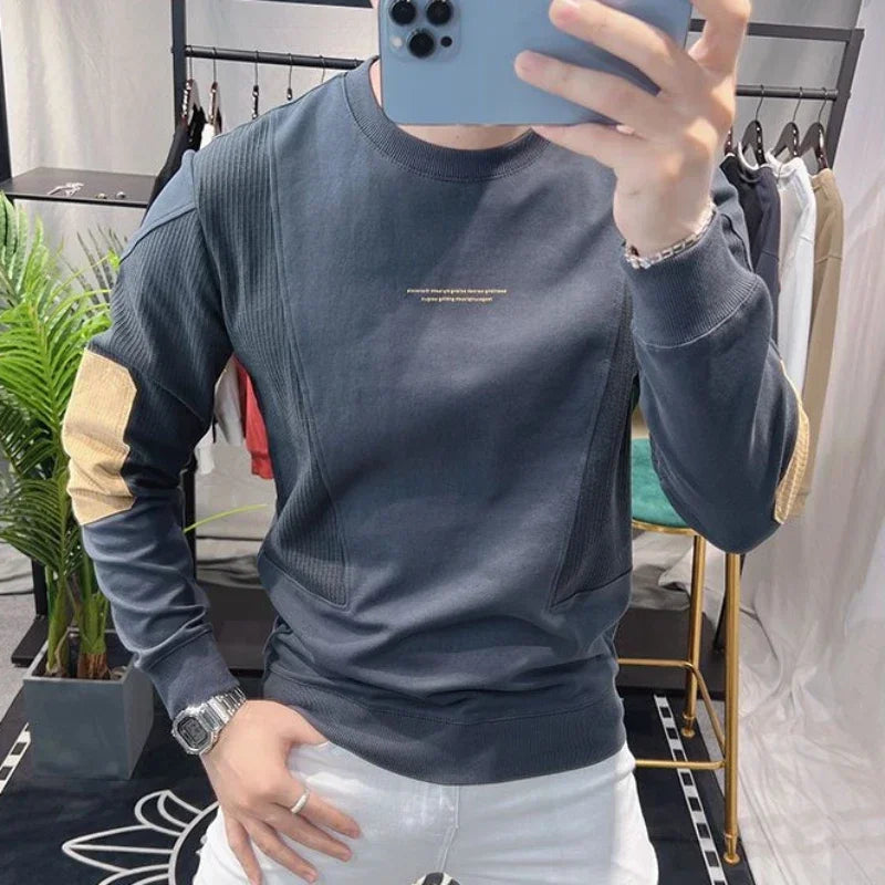 Slim Fit Black Hoodieless Sweatshirt for Men Round Neck Pullover White Male Clothes Crewneck Emo High Quality S Luxury Cheap Top