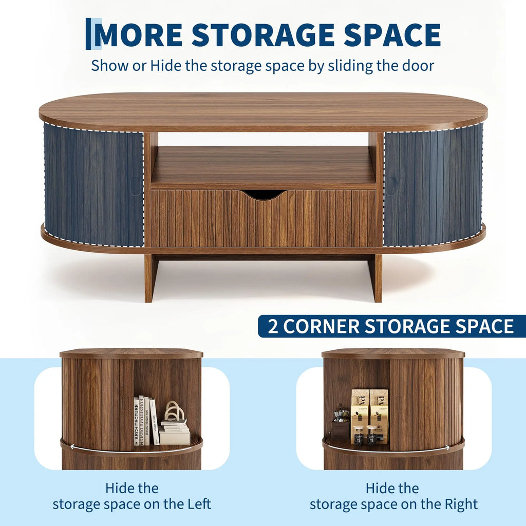 47.2in Oval Coffee Table with Storage Wood
