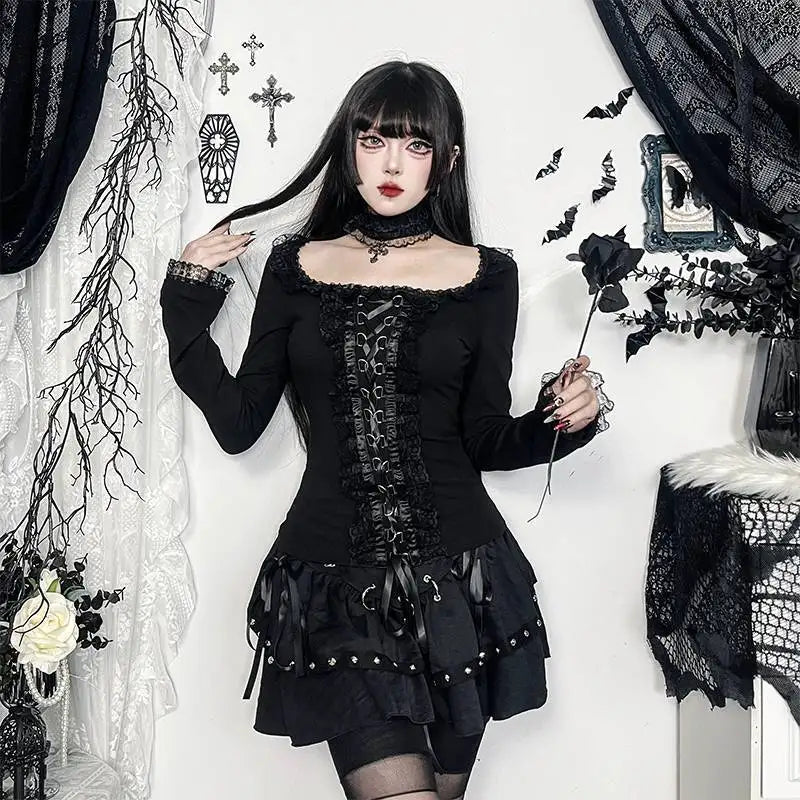 Harajuku Vintage T-Shirt Y2K Aesthetic Punk Lace Ruffle Long