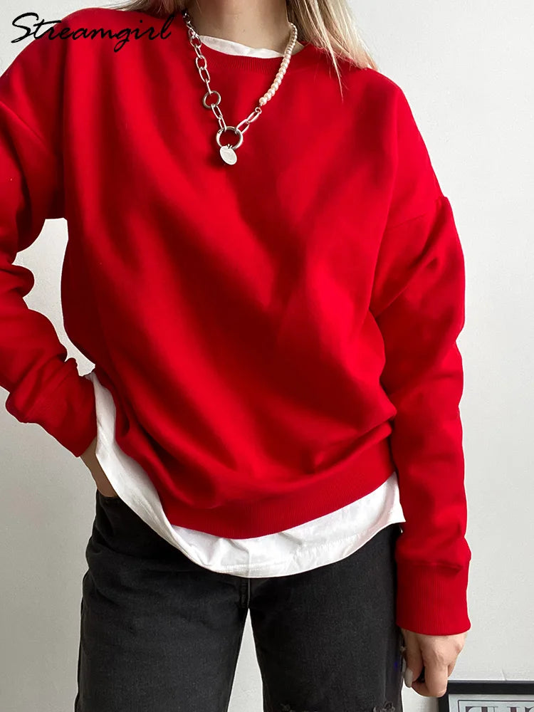 Autumn Oversized Sweatshirts Women Cotton Loose Pullovers Red O Neck Warm Sweatshirt For Women Oversize Winter Clothes Fleece