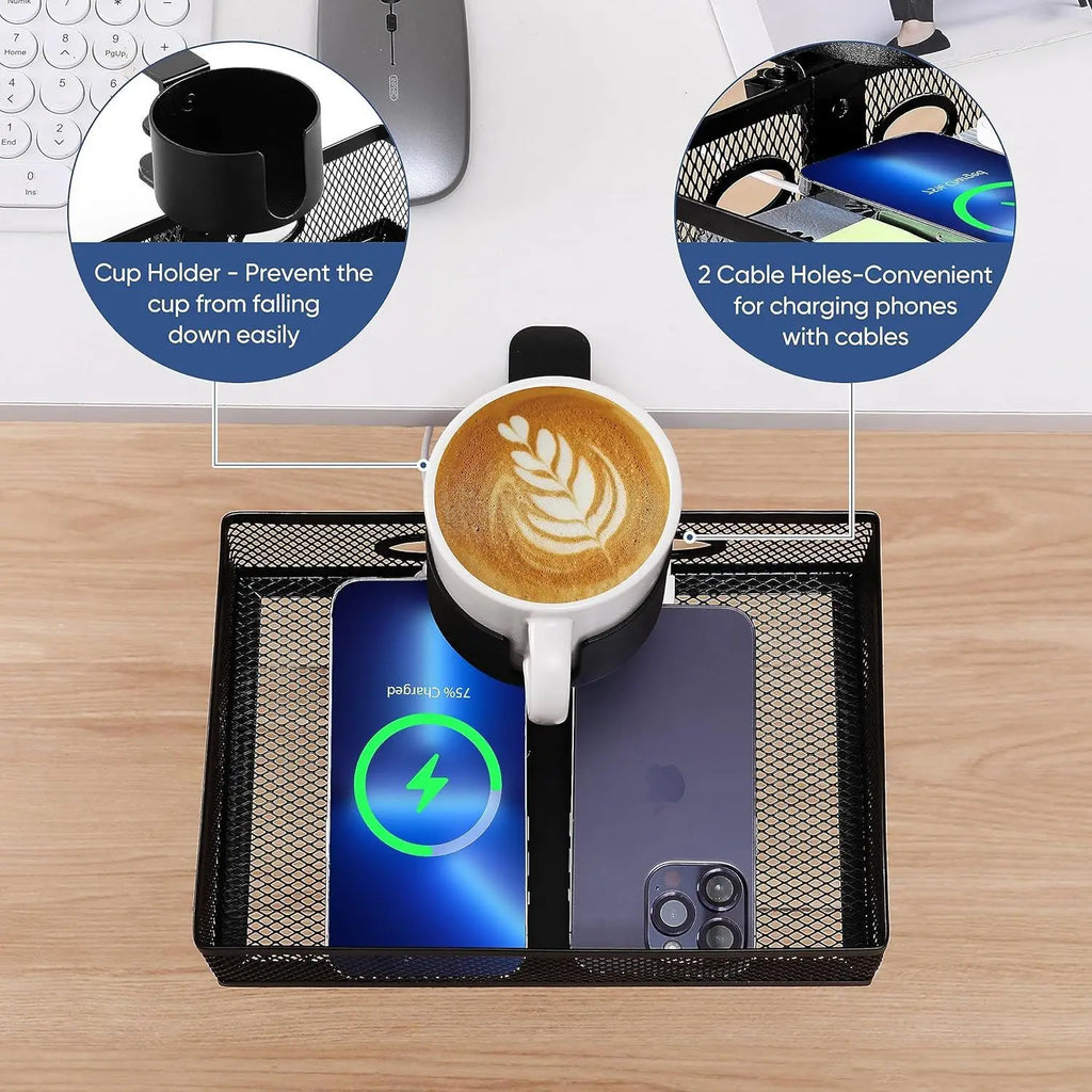 Mesh Desk Organizer with Clamp-on Swivel Pencil Drawer, having a hidden, sturdy C-Clamp mount system and easy installation.