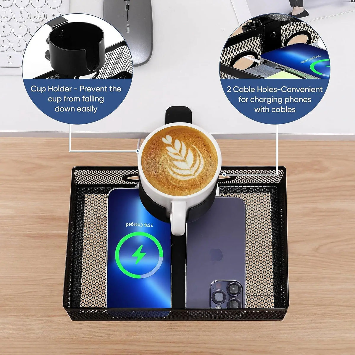 Mesh Desk Organizer with Clamp-on Swivel Pencil Drawer, having a hidden, sturdy C-Clamp mount system and easy installation.