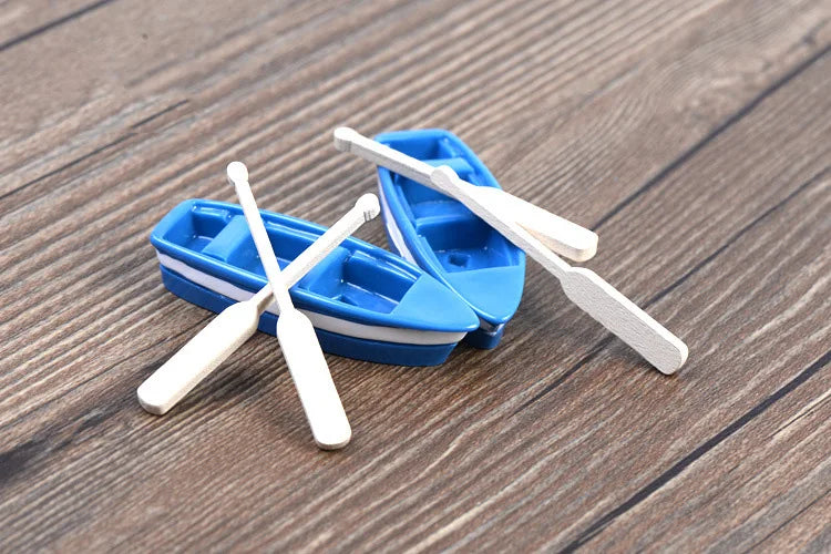 Blue Resin Boat Wood Paddles Oars Figures Decorative Figurine Diy Home Decor Mini Fairy Garden Aquarium Fish Tank Statue Craft