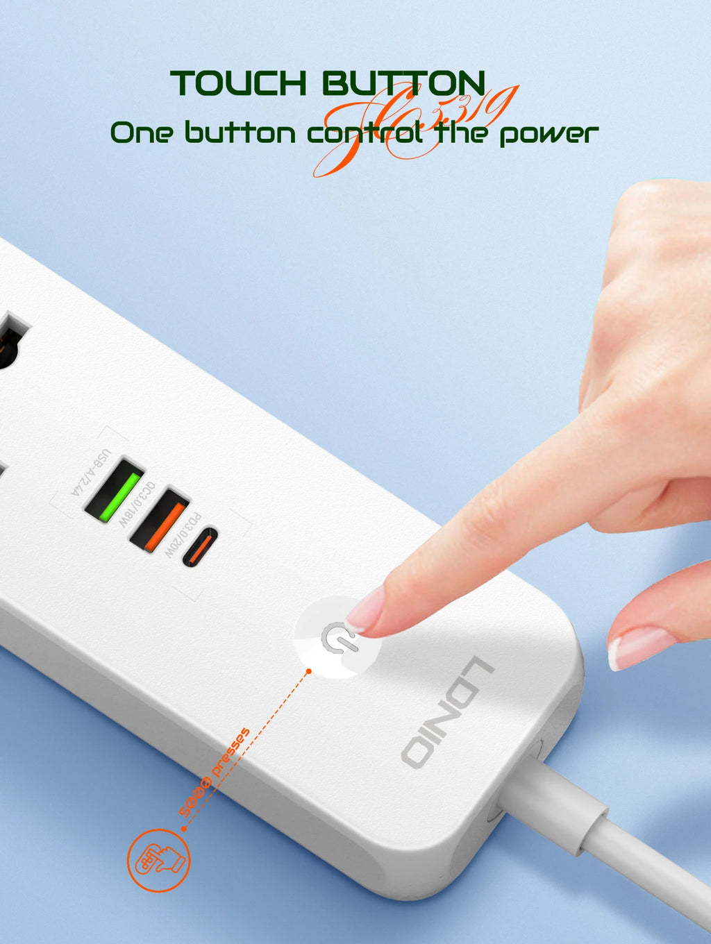 LDNIO 2500W Power Strip with 5 AC Outlets & 3 USB Charging Ports 2M Extension Cable Kitchen Household  EU UK US Plug