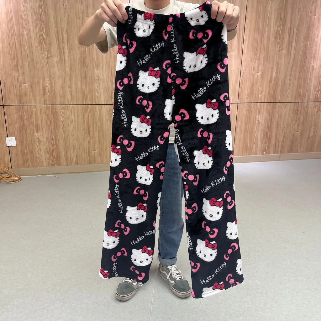 Hello Kitty Pajamas Halloween Flannel Fashion Trouserswomen Kawaii Woolen Anime Cartoon Casual Home Pants Autumn
