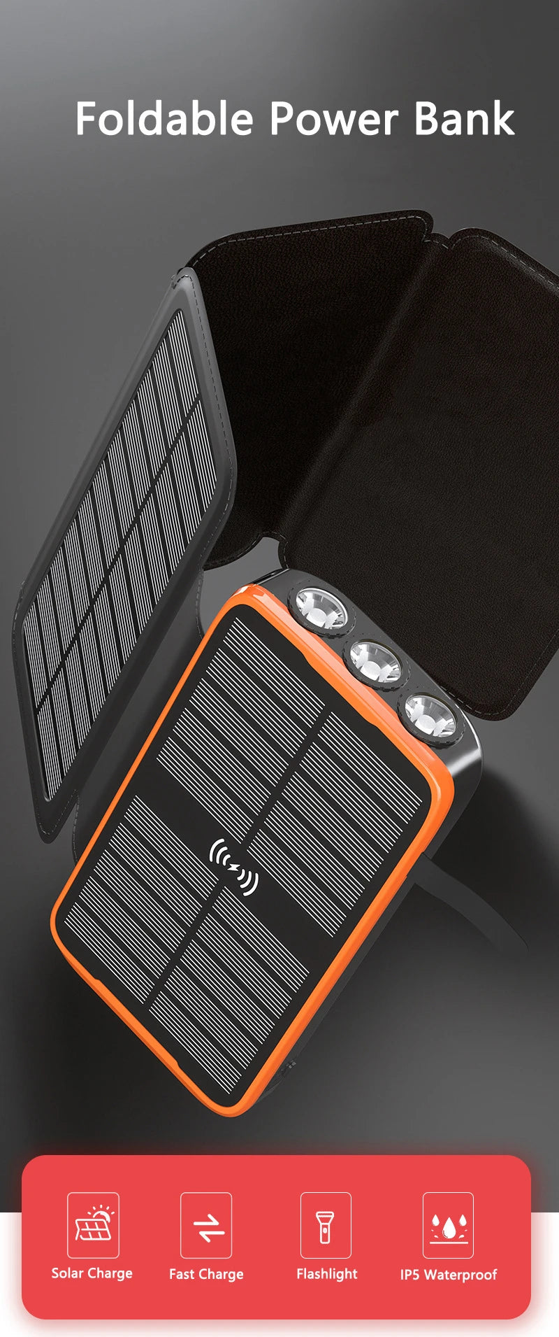 43800mAh Solar Power Bank Quick Wireless Charger External Battery Pack PD 20W Powerbank Built Cables LED Light for iPhone Xiaomi