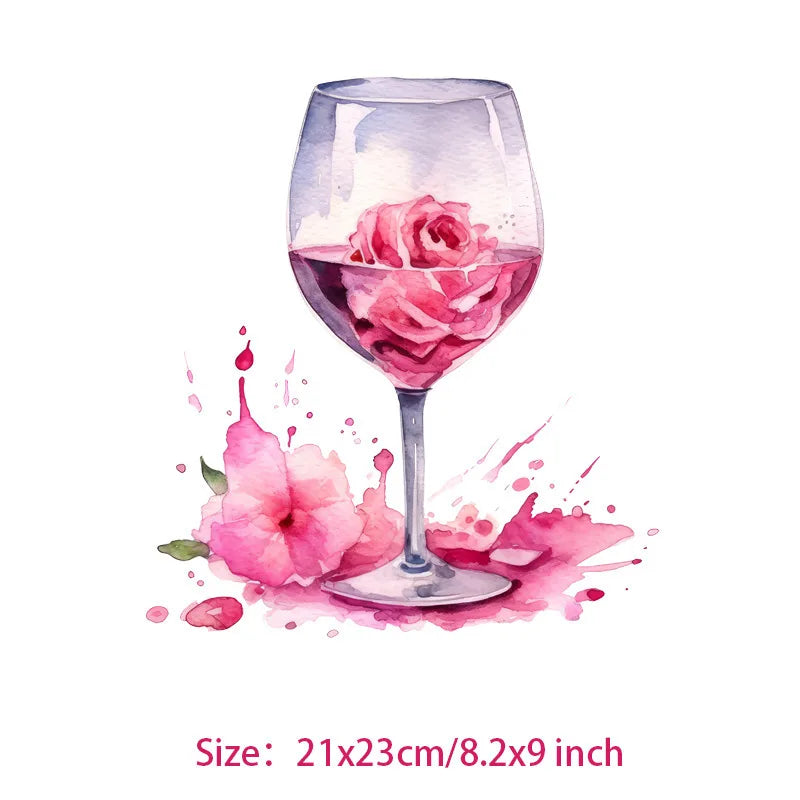 Interesting watercolor wine Glass flower Heat Transfer On Children's clothing dtf transfers ready to press iron on heat transfer