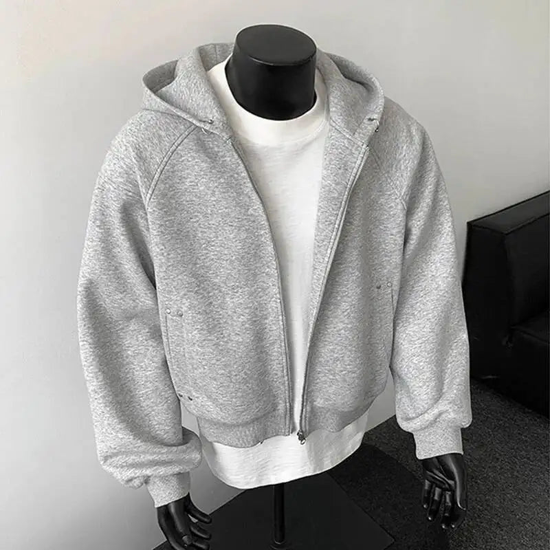 PFNW New Autumn Men's Sweatshirt 2025 Solid Color With Hat Long Sleeve Zipper Korea Fashion Male Tops 28W8776
