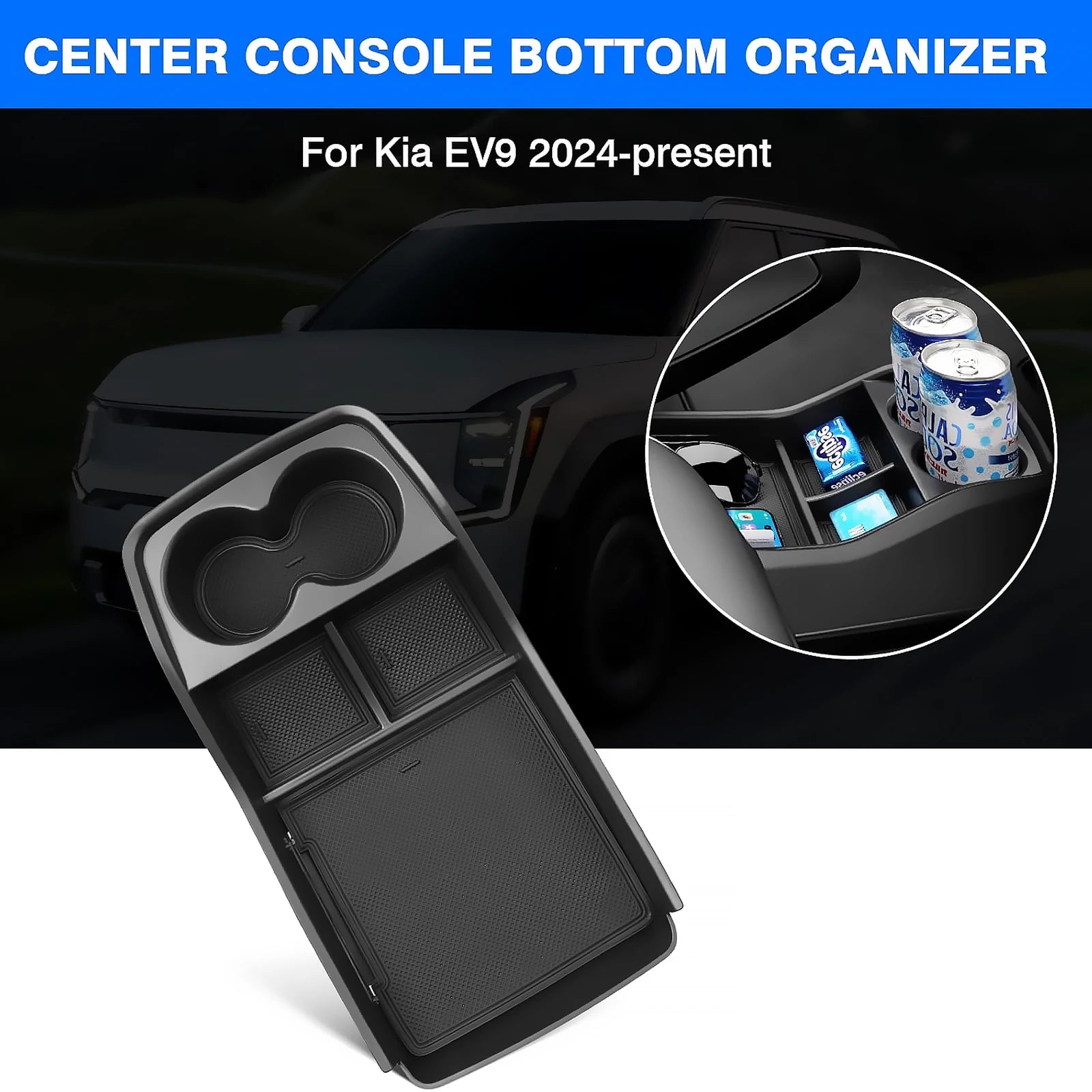 Car Armrest Storage Box Lower Center Console Organizer Cup Holder Storage Box Wireless Charger Panel Mat For KIA EV9 2024 2025