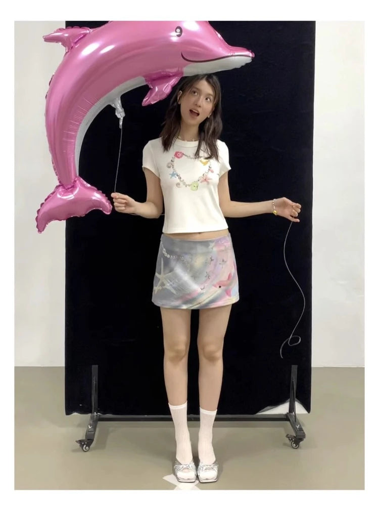 Topenomi Harajuku Printed Mini Skirt Women Japanese Y2K Aesthetic