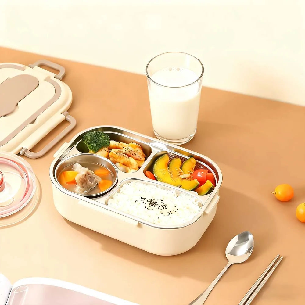 304 stainless steel lunch box with soup bowl, 4 compartments, equipped with spoon chopsticks, portable handle, microwave heating
