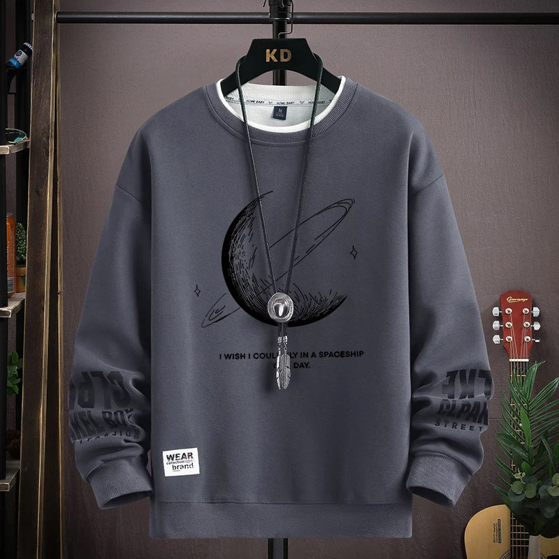Autumn Men's Sweatshirt Cool Moon Print Long Sleeve T-shirt Fashion Men's Clothing Grey O Neck Harajuku Exclusive Design Top New