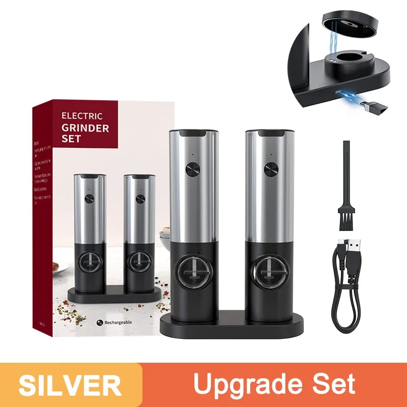 Electric Salt Pepper Grinder Set USB Rechargeable Automatic Spice Mill with LED Light Adjustable Coarseness Kitchen Gadget
