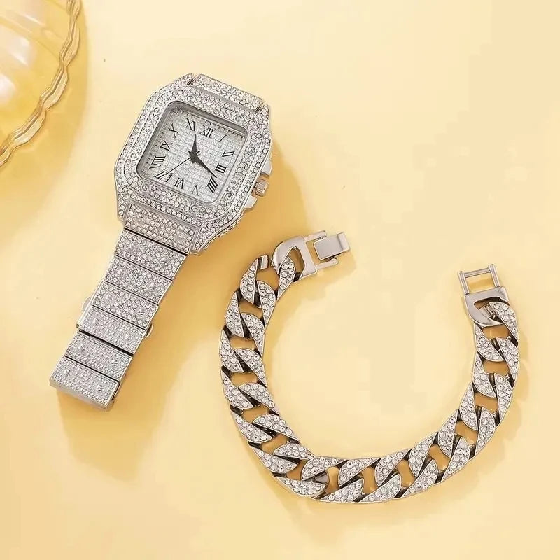 Luxury Fashion Men Women Watch Set Silver Strap Ladies Quartz