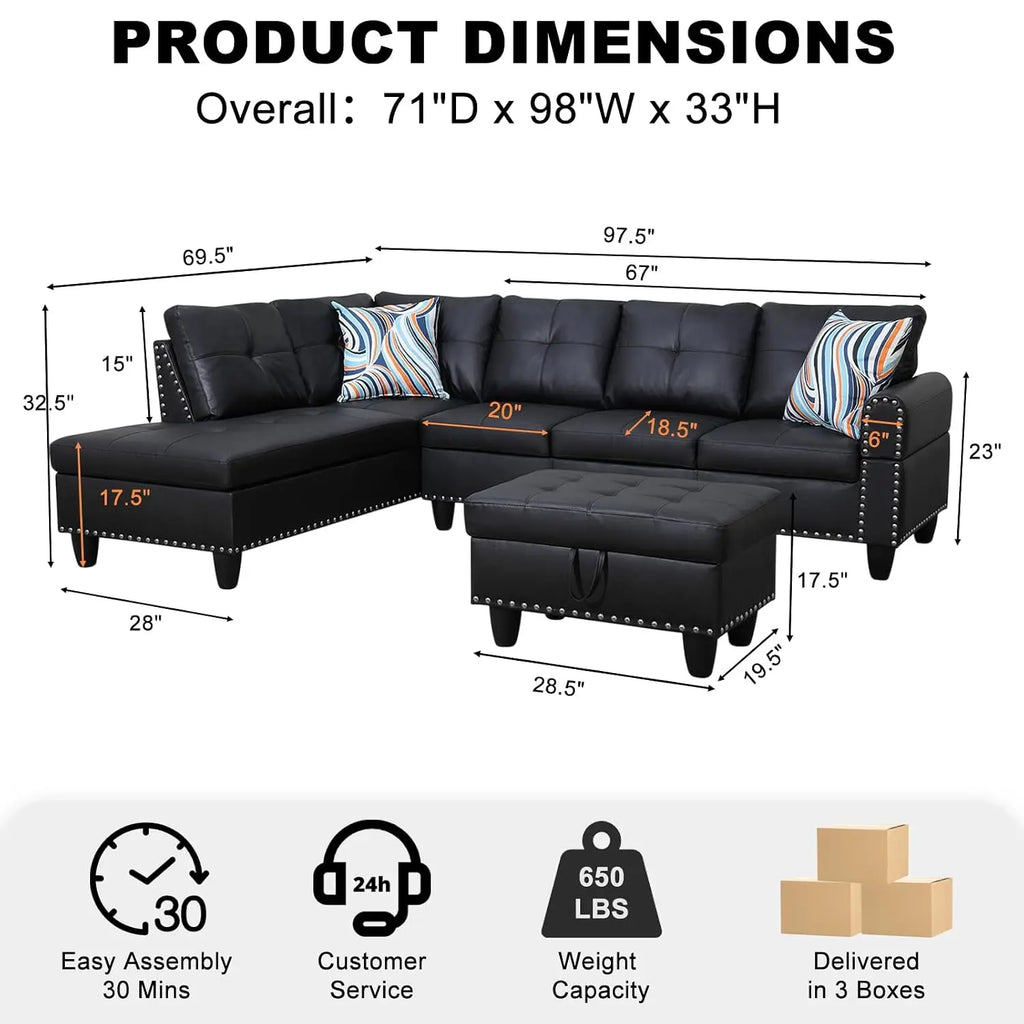 98-Inch L-Shaped Sectional Sofa, 4-Seater