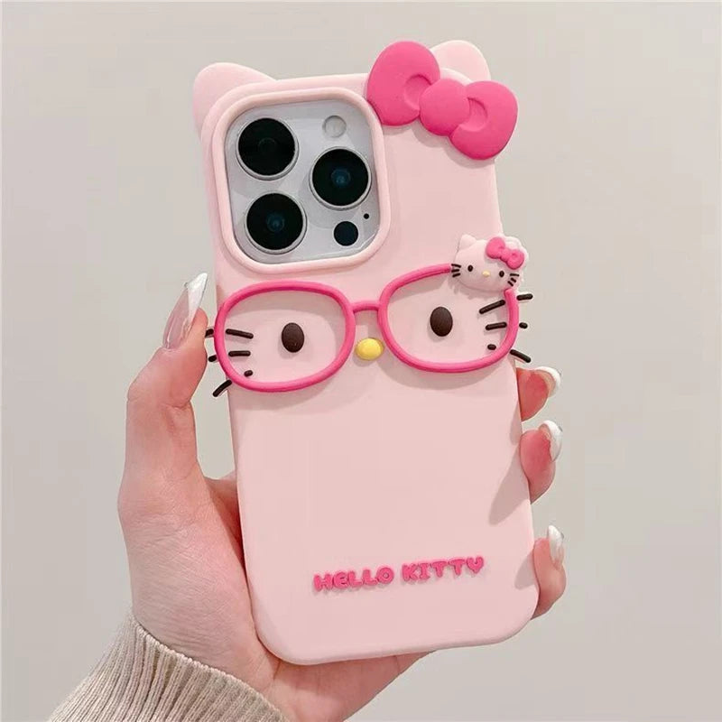 Hello Kitty 3D Cat-Eye Glasses Silicone Phone Case for iPhone 17 Pro Max 16 15 Plus 14 13 Mini 12 11 4 4S 5 5S 7 8 SE Shockproof