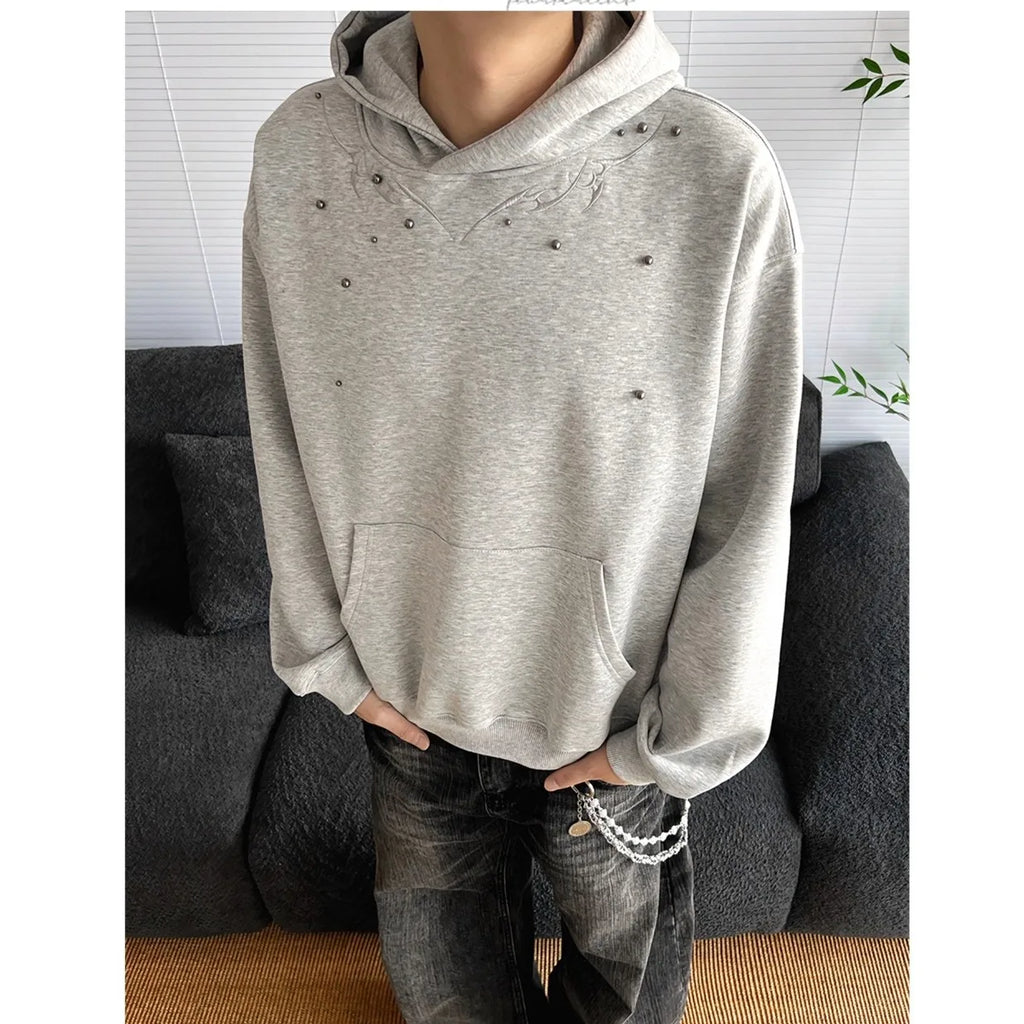 American Retro Spine Embroidered Metal Rivet Pullover Hooded Sweatshirt Men Women High Street Hip-Hop Loose Casual Streetwear