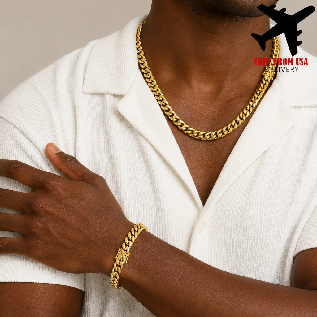 8mm 14K Gold Plated Miami Cuban Chain Necklace for Men, Stainless Steel Heavy Curb Link Jewelry, Classic Hip Hop Statement Chain for Rapper, Street Style, Club, Concert, Daily Outfit, Birthday, Father's Day and Holiday Gift A