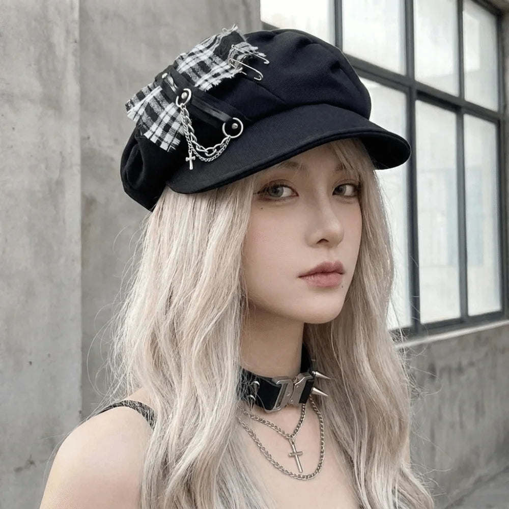 Sweet Rabbit Ears Plaid Beret Hat Irregular Thin Brim - Style A Red