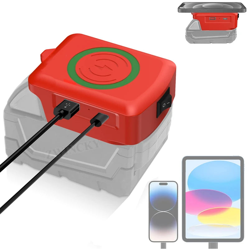 Wireless Charger Adapter for Milwaukee 18V Battery 15W Wireless Charging Adapter for Cell Phone with USB USB-C 2.1A Fast Charge