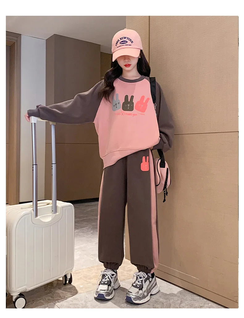 Girls Cotton Contrast Cartoon Alphabet Loose Sweatshirt+Sweatpant School Kids Tracksuit Child Jogger Outfit Workout Sets 5-16Yrs