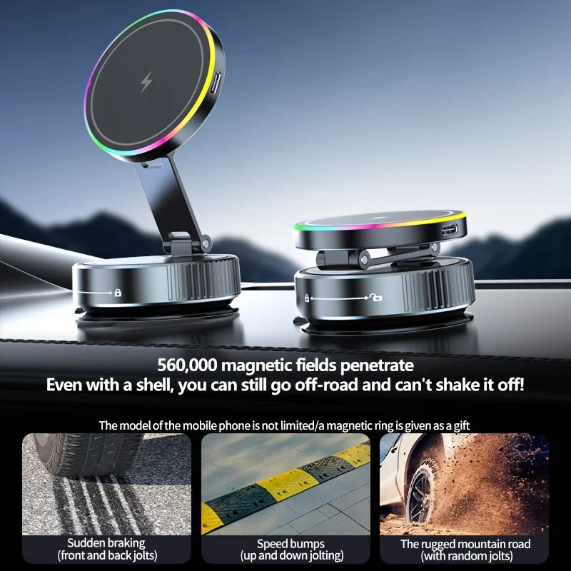 Magnetic Car Wireless Charger RGB Light Phone Holder Stand 360° Rotate Vacuum Suction Cup For Magsafe iPhone 12-16 Fast Charging