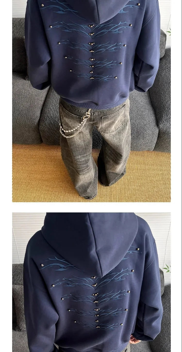 American Retro Spine Embroidered Metal Rivet Pullover Hooded Sweatshirt Men Women High Street Hip-Hop Loose Casual Streetwear