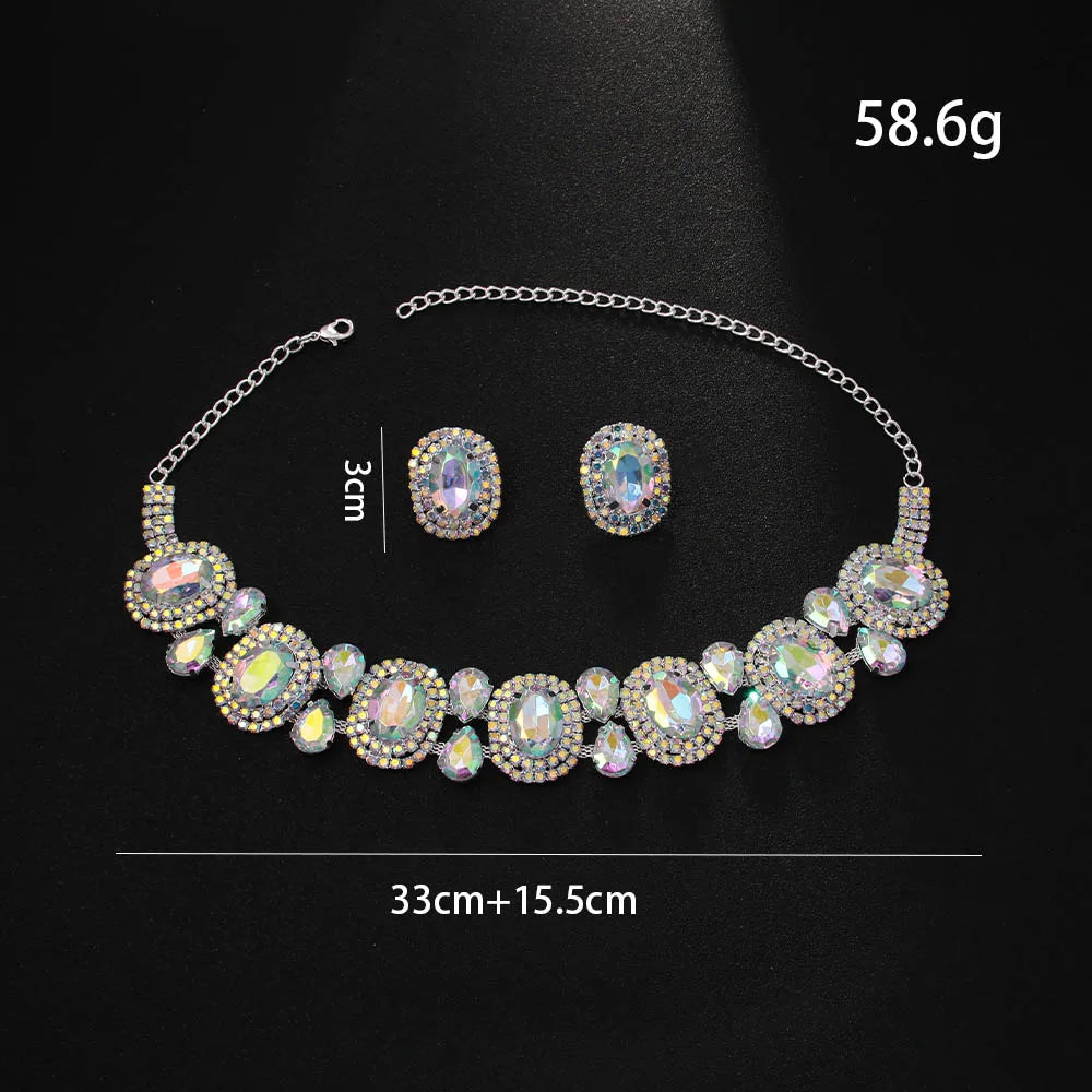 Elegant Boho Round Crystal Jewelry Set Piercing Wedding Gift for Bridal Bling Geometric Rhinestone Necklace Earring Set Party