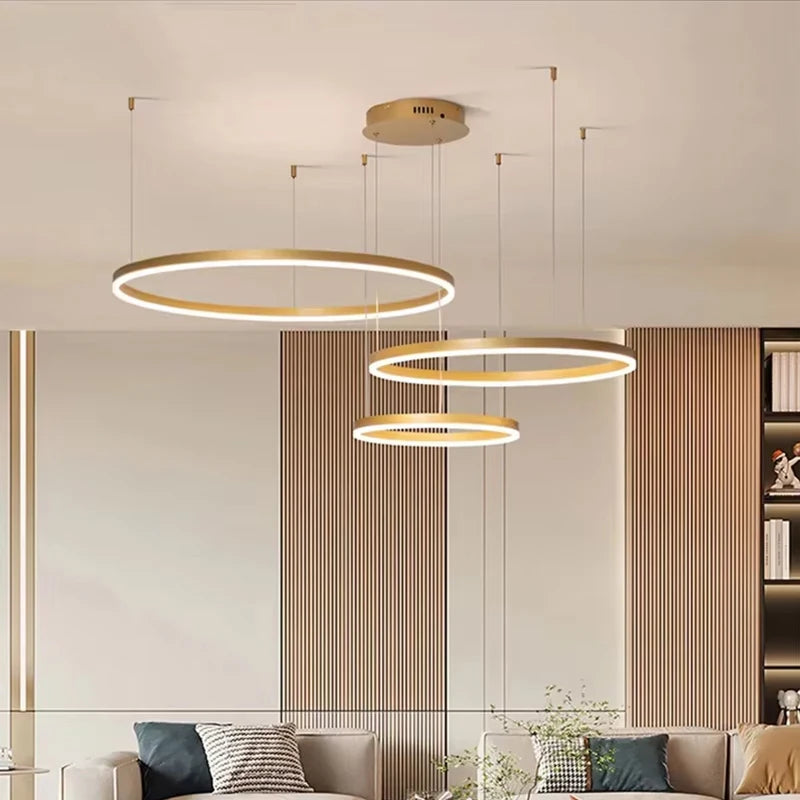 Minimalist Modern LED Chandelier Brushed Gold Black Ceiling Rings