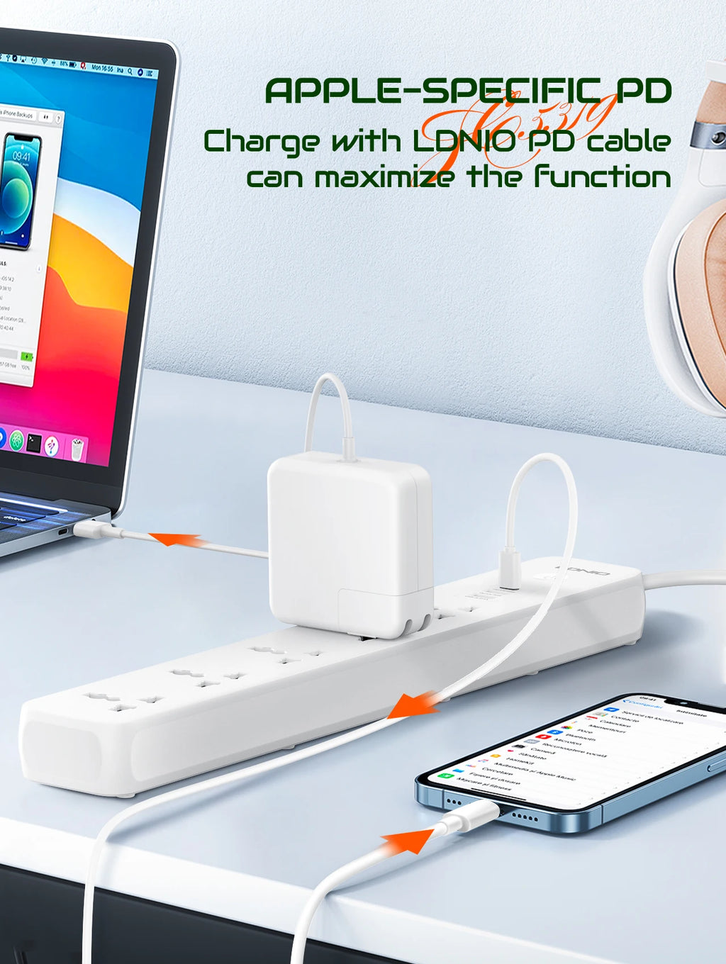 LDNIO 2500W Power Strip with 5 AC Outlets & 3 USB Charging Ports 2M Extension Cable Kitchen Household  EU UK US Plug
