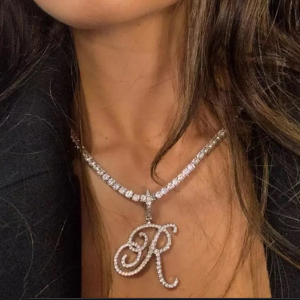 Cursive Letters Cubic Zirconia Chain Intial Name Necklace Hip Hop