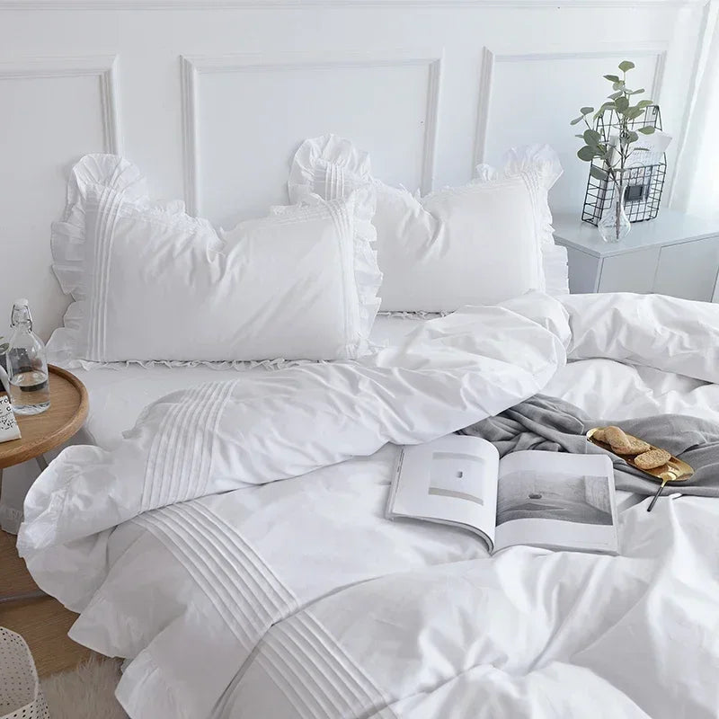 Super Sale White Bedding Set Elegant Handmade Ruffle Duvet Cover Set Princess Queen Bed Set Home Bed Sheet Cotton Linen