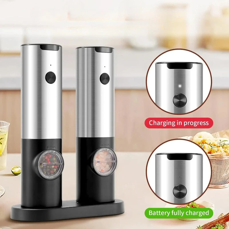 Electric Salt Pepper Grinder Set USB Rechargeable Automatic Spice Mill with LED Light Adjustable Coarseness Kitchen Gadget