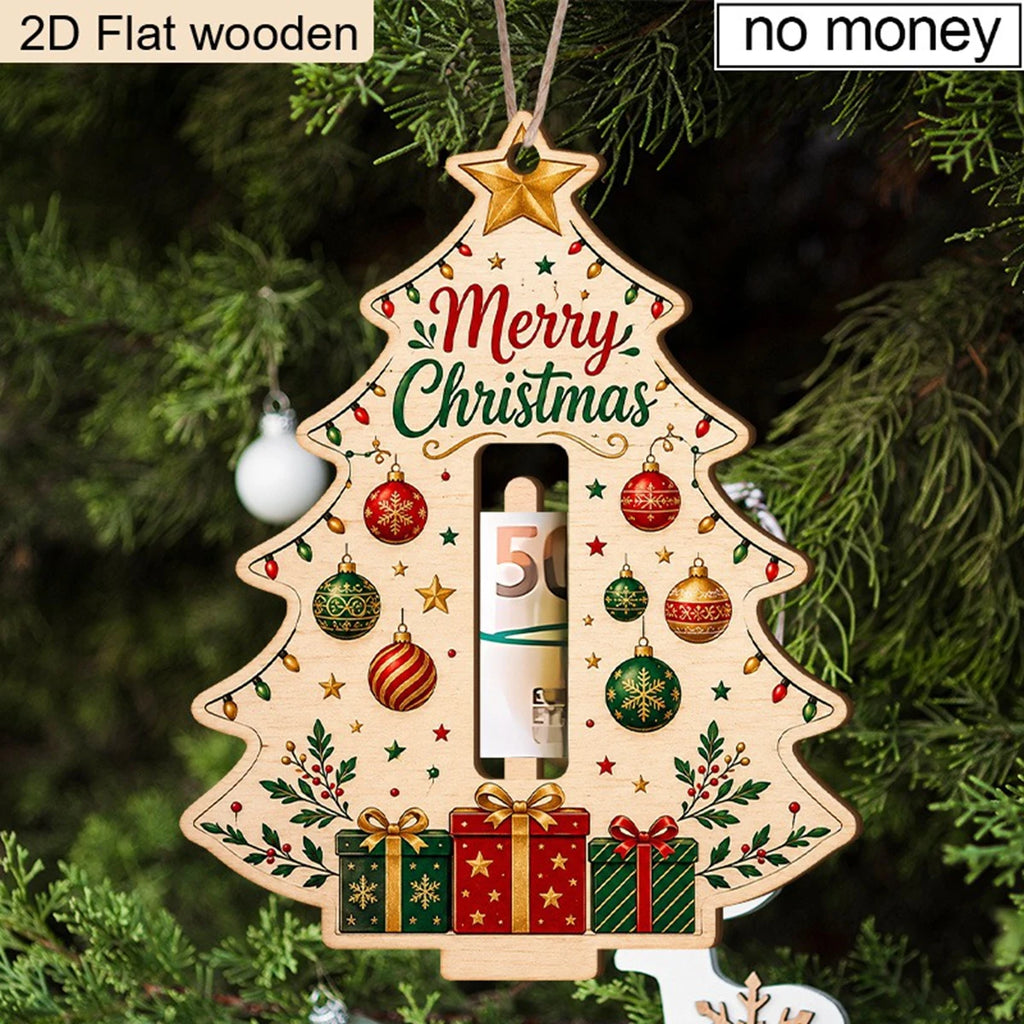 Christmas Tree Wooden Money Holder Ornament 2D Flat Wood Cash Clip Hanging Decor Merry Christmas Tree Shape Money Holder Gift