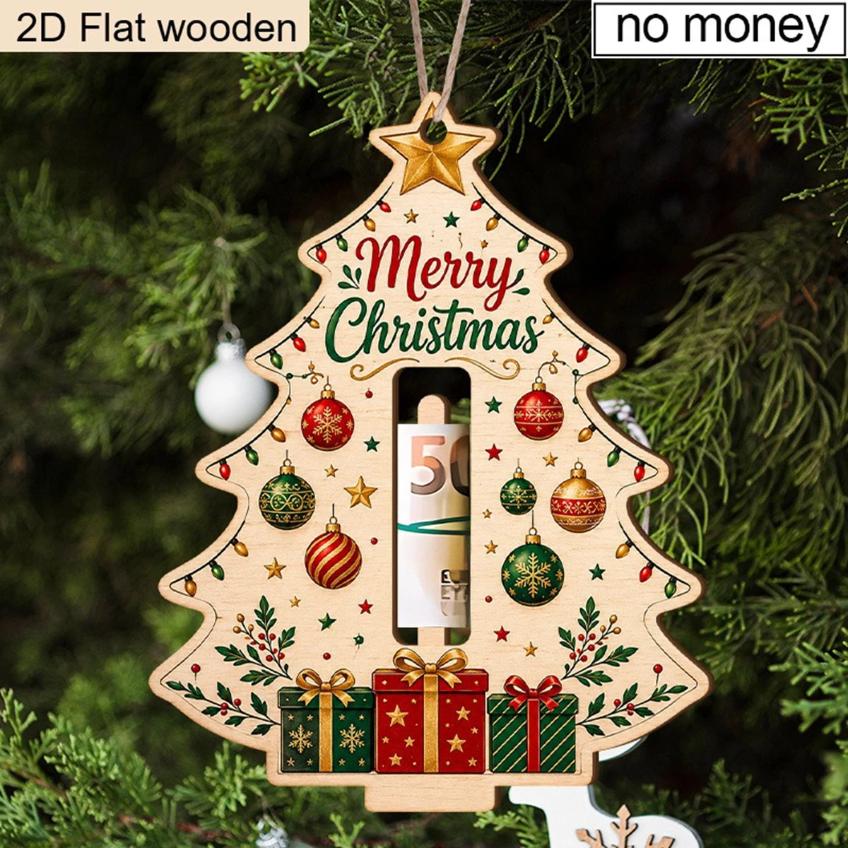Christmas Tree Wooden Money Holder Ornament 2D Flat Wood Cash Clip Hanging Decor Merry Christmas Tree Shape Money Holder Gift