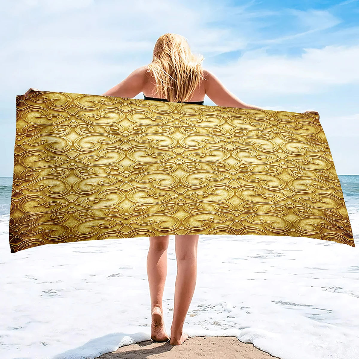 Beach Towel Vintage Gold Bath Towel Oversized,Sand Free Beach Towel Quick Dry Absorbent Towel for Travel Pool Yoga Gym Sport
