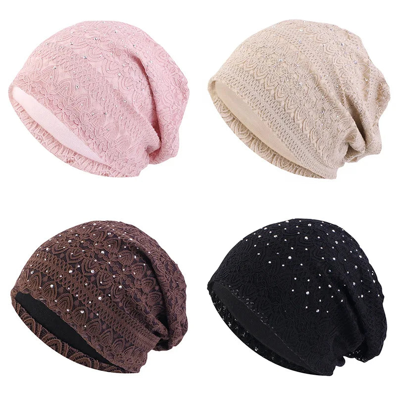Winter Hats For Women Men Lace Rhinestone Breathable Turban Hat Windproof Warm Cap Female Beanie Hip Hop Bone Gorro Ponytail Hat
