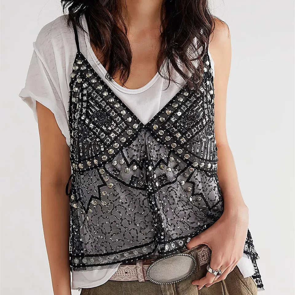 Women Y2k Sequin Mesh Tank Top V Neck Beaded Halter Cami Crop - - 2